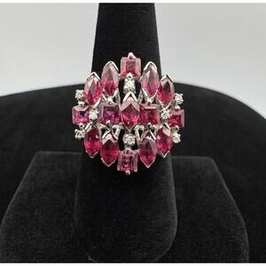 Vintage 18K White Gold Ruby Diamond Old Hollywood Dome Cluster Cocktail Ring 8.7